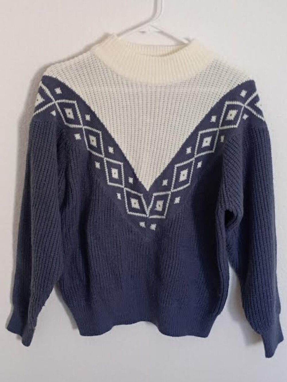 VINTAGE CABIN CREEK WOMEN'S SWEATER CREAM BLUE-GRAY GEOMETRIC 80'S 90'S LARGE